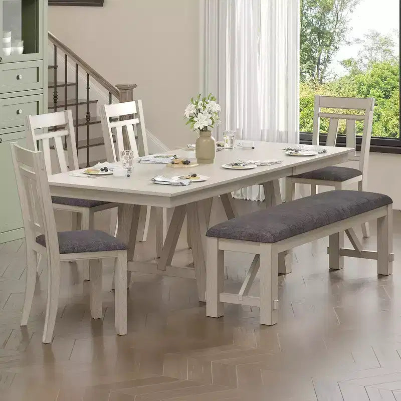 Ensemble de salle à manger extensible VECELO rustique 6 pièces, table en bois d'hévéa avec 4 chaises de salle à manger rembourrées sans accoudoirs et banc pour cuisine, gris