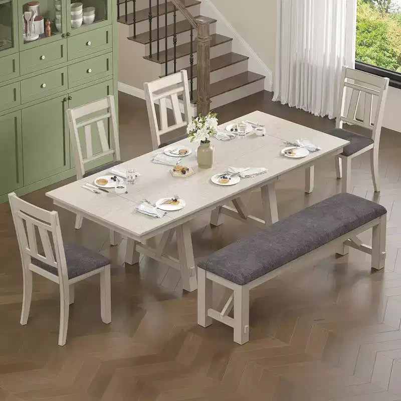 Ensemble de salle à manger extensible VECELO rustique 6 pièces, table en bois d'hévéa avec 4 chaises de salle à manger rembourrées sans accoudoirs et banc pour cuisine, gris