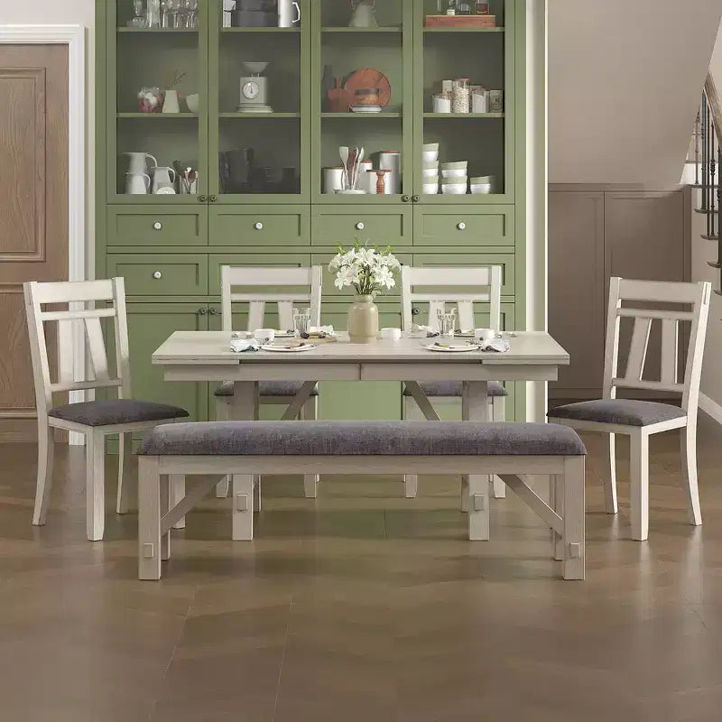 Ensemble de salle à manger extensible VECELO rustique 6 pièces, table en bois d'hévéa avec 4 chaises de salle à manger rembourrées sans accoudoirs et banc pour cuisine, gris