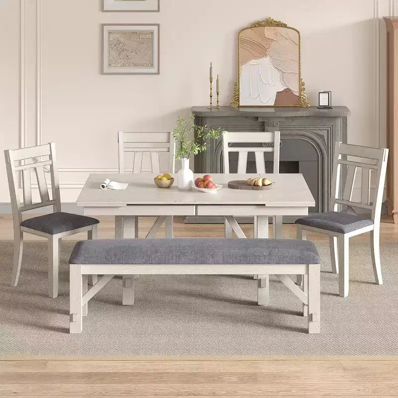 Ensemble de salle à manger extensible VECELO rustique 6 pièces, table en bois d'hévéa avec 4 chaises de salle à manger rembourrées sans accoudoirs et banc pour cuisine, gris