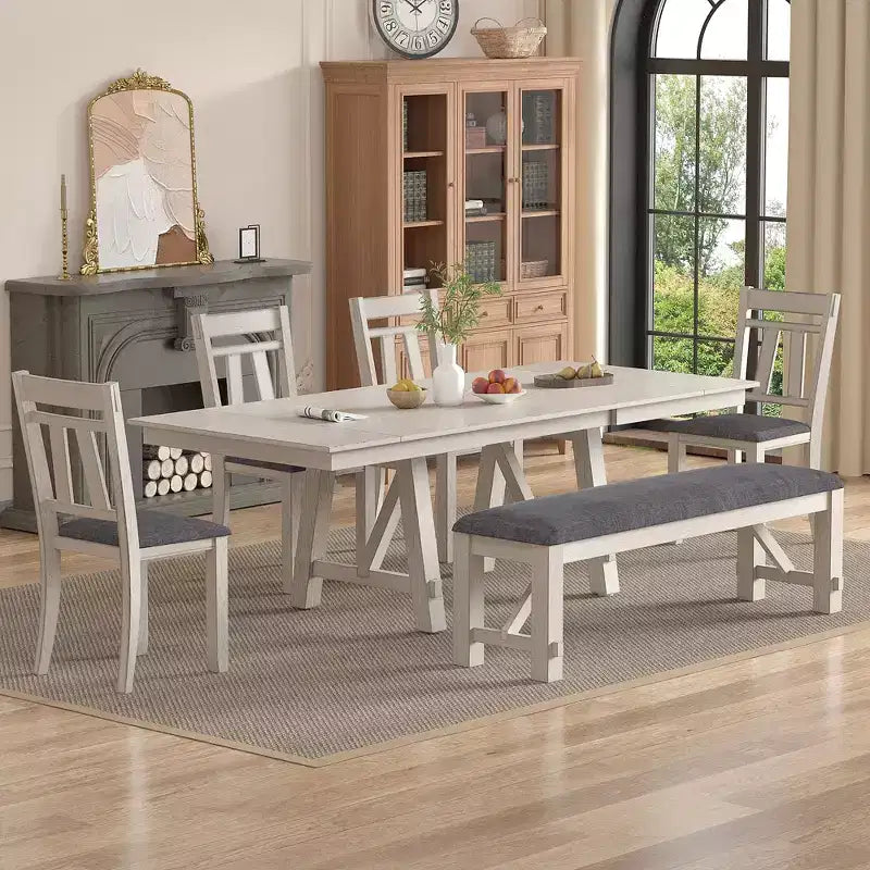 Ensemble de salle à manger extensible VECELO rustique 6 pièces, table en bois d'hévéa avec 4 chaises de salle à manger rembourrées sans accoudoirs et banc pour cuisine, gris