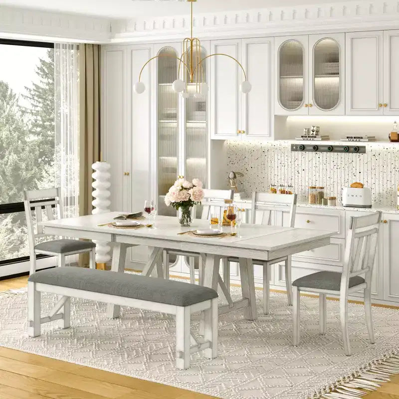 Ensemble de salle à manger extensible VECELO rustique 6 pièces, table en bois d'hévéa avec 4 chaises de salle à manger rembourrées sans accoudoirs et banc pour cuisine, gris