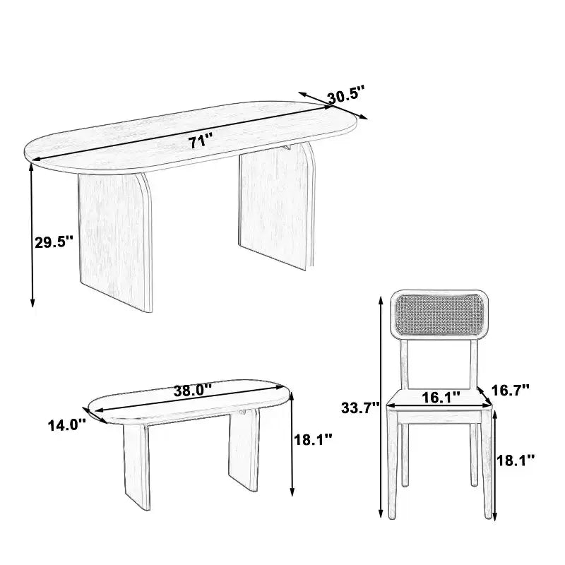 Ensemble de salle à manger ovale 6 pièces Whisen - Table en bois d'hévéa avec 4 chaises en rotin et banc, ensemble de cuisine moderne pour 6 personnes
