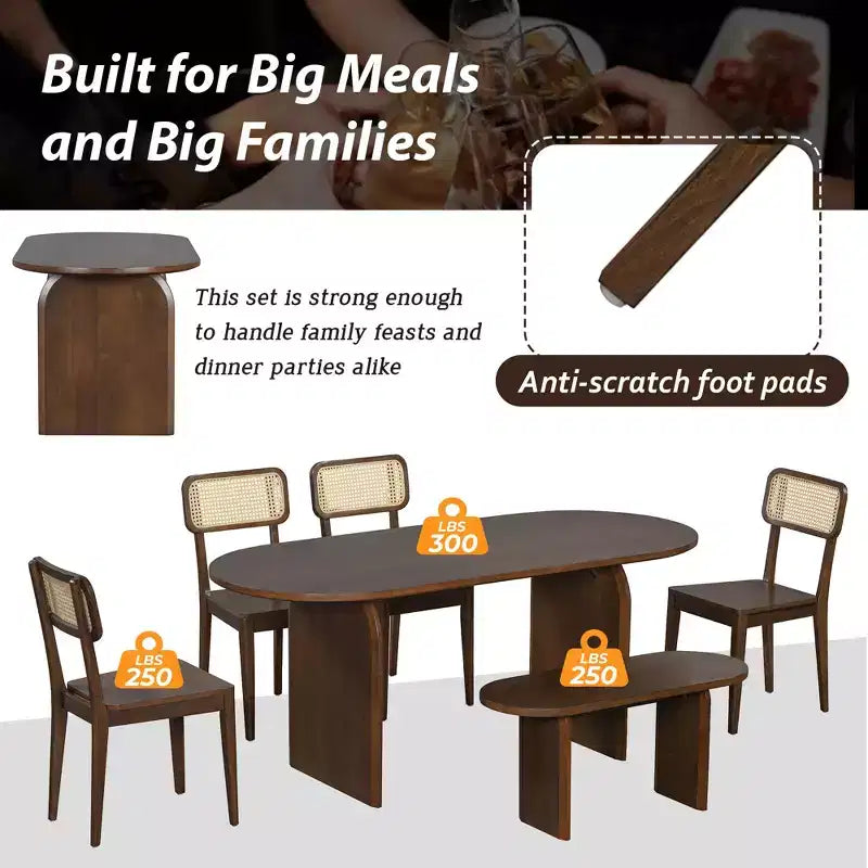 Ensemble de salle à manger ovale 6 pièces Whisen - Table en bois d'hévéa avec 4 chaises en rotin et banc, ensemble de cuisine moderne pour 6 personnes