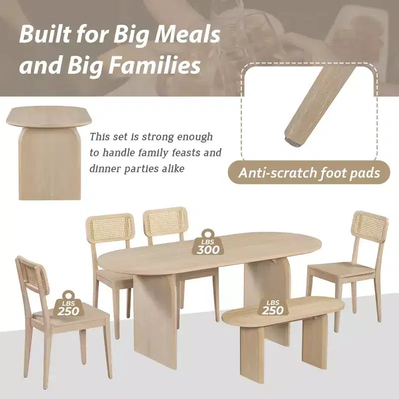 Ensemble de salle à manger ovale 6 pièces Whisen - Table en bois d'hévéa avec 4 chaises en rotin et banc, ensemble de cuisine moderne pour 6 personnes