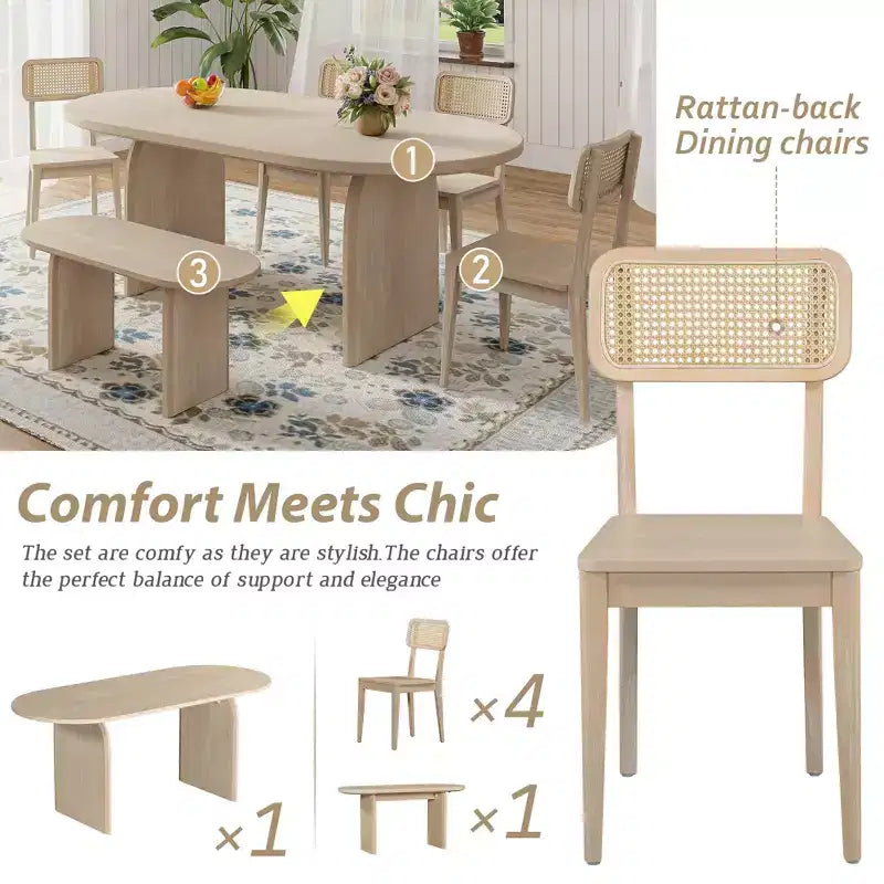 Ensemble de salle à manger ovale 6 pièces Whisen - Table en bois d'hévéa avec 4 chaises en rotin et banc, ensemble de cuisine moderne pour 6 personnes