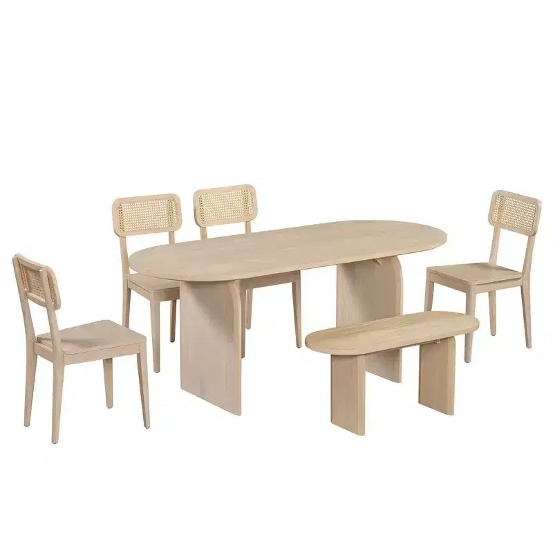 Ensemble de salle à manger ovale 6 pièces Whisen - Table en bois d'hévéa avec 4 chaises en rotin et banc, ensemble de cuisine moderne pour 6 personnes
