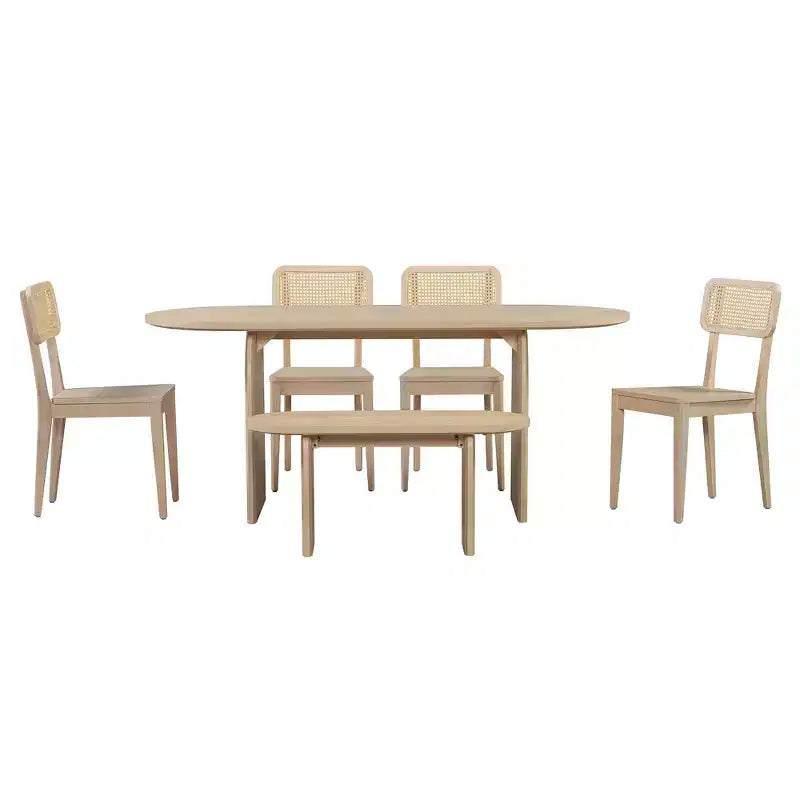 Ensemble de salle à manger ovale 6 pièces Whisen - Table en bois d'hévéa avec 4 chaises en rotin et banc, ensemble de cuisine moderne pour 6 personnes