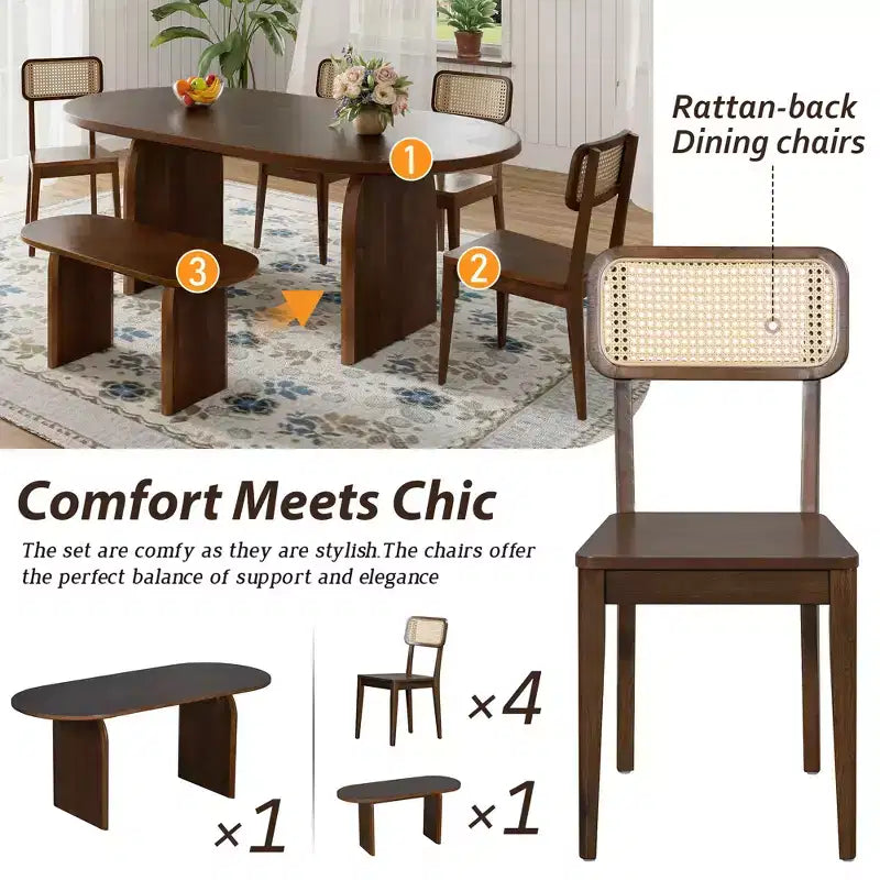 Ensemble de salle à manger ovale 6 pièces Whisen - Table en bois d'hévéa avec 4 chaises en rotin et banc, ensemble de cuisine moderne pour 6 personnes
