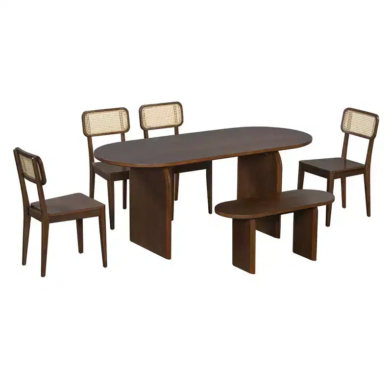 Ensemble de salle à manger ovale 6 pièces Whisen - Table en bois d'hévéa avec 4 chaises en rotin et banc, ensemble de cuisine moderne pour 6 personnes