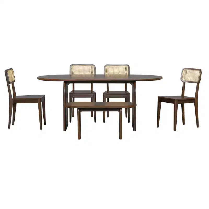 Ensemble de salle à manger ovale 6 pièces Whisen - Table en bois d'hévéa avec 4 chaises en rotin et banc, ensemble de cuisine moderne pour 6 personnes