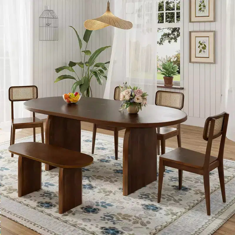 Whisen 6-Piece Oval Dining Set - Rubber Wood Table with 4 Rattan Chairs & Bench, Modern Kitchen Set for 6