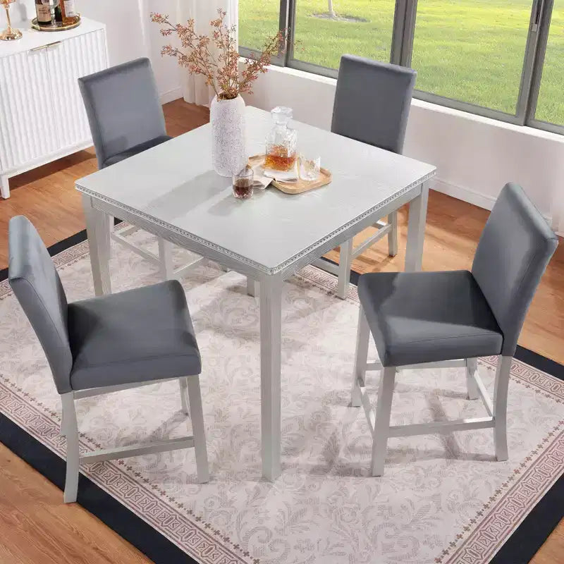 5 Piece Counter Height Table Set with Square Table and 4 Upholstered Chairs, Counter Height Dining Table with Crystal Decoration and Chair Set