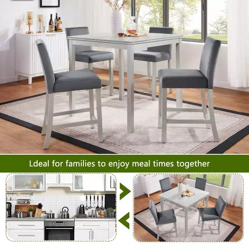 Ensemble de 5 pièces de table de hauteur de comptoir avec table carrée et 4 chaises rembourrées, table de salle à manger de hauteur de comptoir avec décoration en cristal et ensemble de chaises