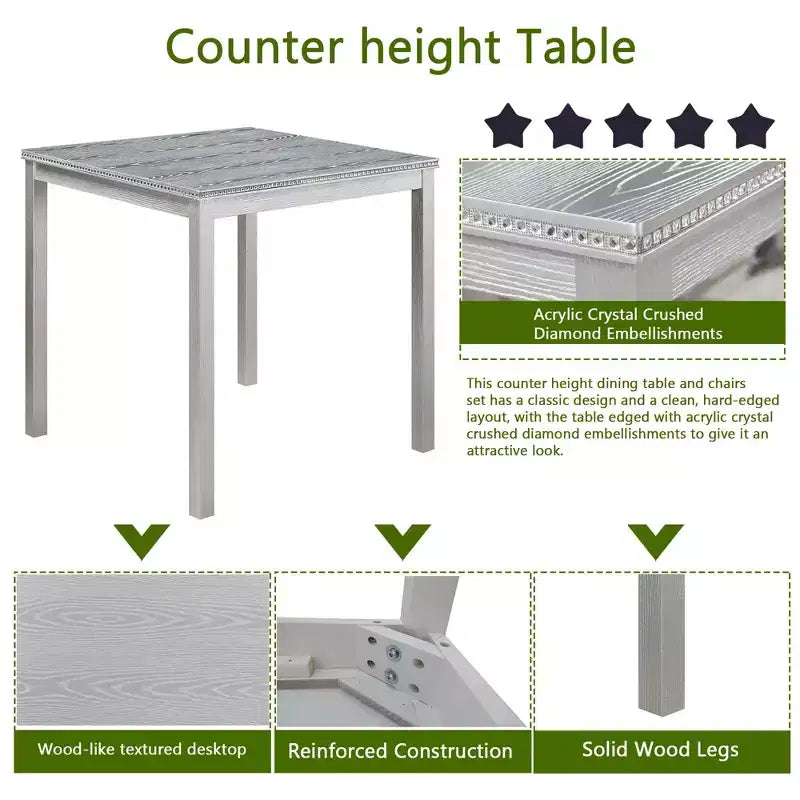Ensemble de 5 pièces de table de hauteur de comptoir avec table carrée et 4 chaises rembourrées, table de salle à manger de hauteur de comptoir avec décoration en cristal et ensemble de chaises