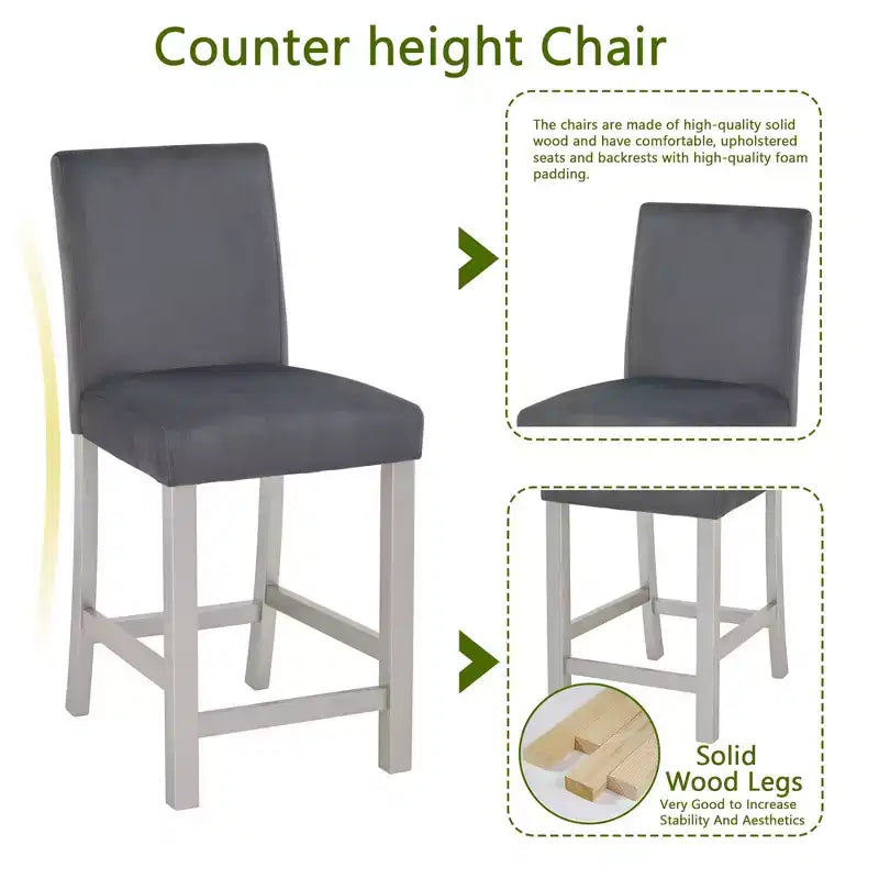 Ensemble de 5 pièces de table de hauteur de comptoir avec table carrée et 4 chaises rembourrées, table de salle à manger de hauteur de comptoir avec décoration en cristal et ensemble de chaises