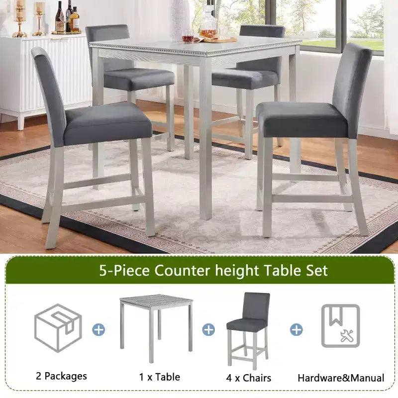 Ensemble de 5 pièces de table de hauteur de comptoir avec table carrée et 4 chaises rembourrées, table de salle à manger de hauteur de comptoir avec décoration en cristal et ensemble de chaises