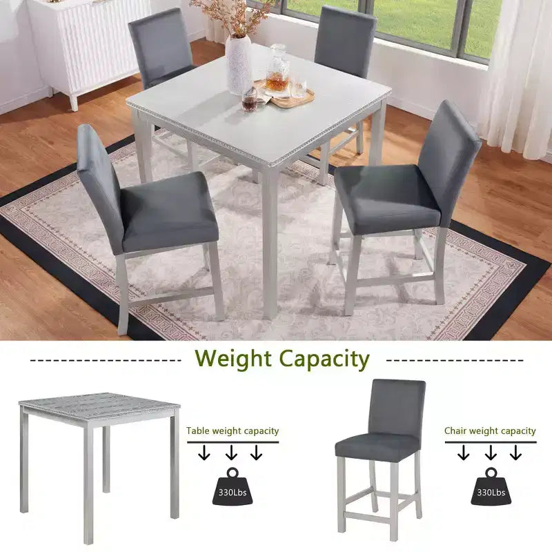 Ensemble de 5 pièces de table de hauteur de comptoir avec table carrée et 4 chaises rembourrées, table de salle à manger de hauteur de comptoir avec décoration en cristal et ensemble de chaises