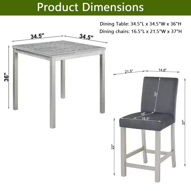 Ensemble de 5 pièces de table de hauteur de comptoir avec table carrée et 4 chaises rembourrées, table de salle à manger de hauteur de comptoir avec décoration en cristal et ensemble de chaises