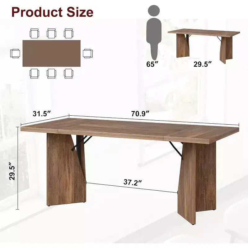 Table à manger rectangulaire de 180 cm pour 6 personnes, table de cuisine de style ferme rustique avec pieds robustes