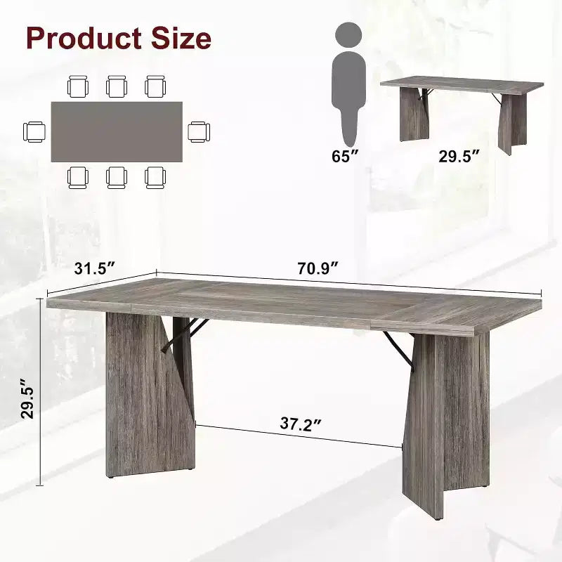 Table à manger rectangulaire de 180 cm pour 6 personnes, table de cuisine de style ferme rustique avec pieds robustes