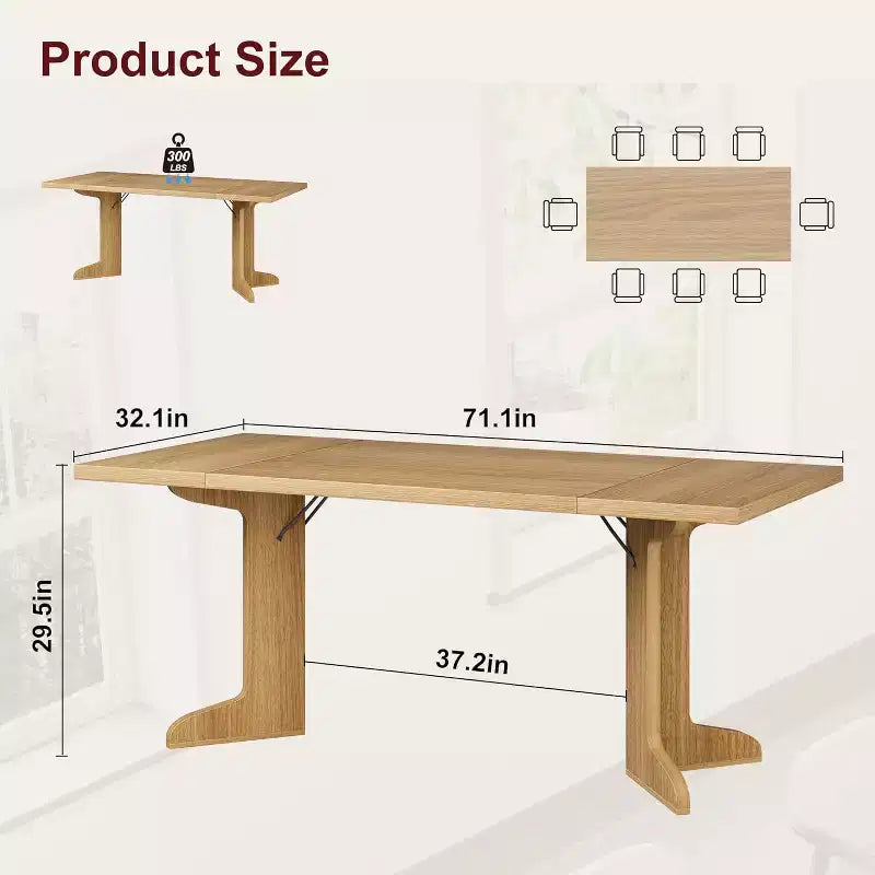 Table de salle à manger 71" pour 6 à 8 personnes, table de dîner moderne avec pieds en bois uniques, sans chaises