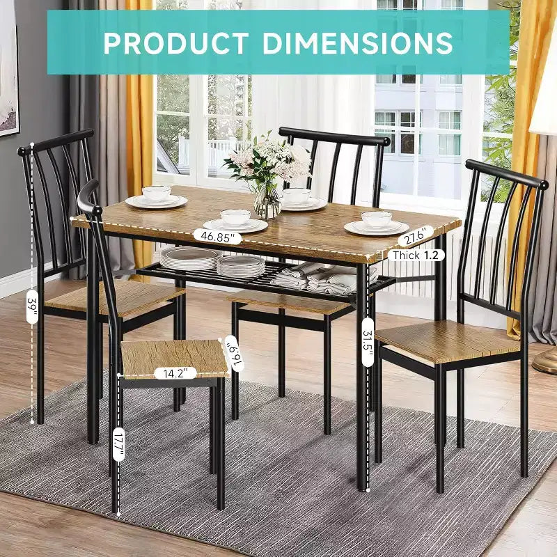 Ensemble de table à manger pour 4 personnes, avec 4 chaises, ensemble de meubles de salle à manger rectangulaire 5 pièces avec étagère de rangement pour petit espace, appartement, dînette