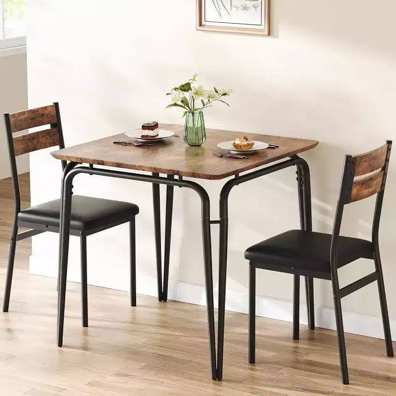 Ensemble de salle à manger 3 pièces vintage pour appartement pour 2 personnes - Table carrée peu encombrante et 2 chaises, petit ensemble de cuisine/salle à manger pour les espaces compacts