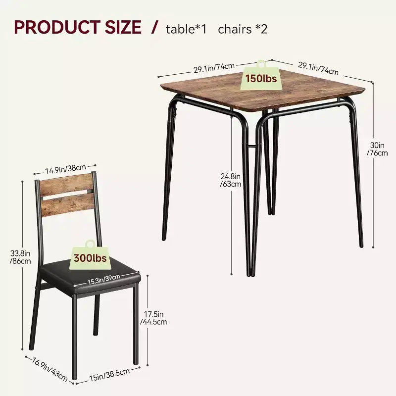 Ensemble de salle à manger 3 pièces vintage pour appartement pour 2 personnes - Table carrée peu encombrante et 2 chaises, petit ensemble de cuisine/salle à manger pour les espaces compacts