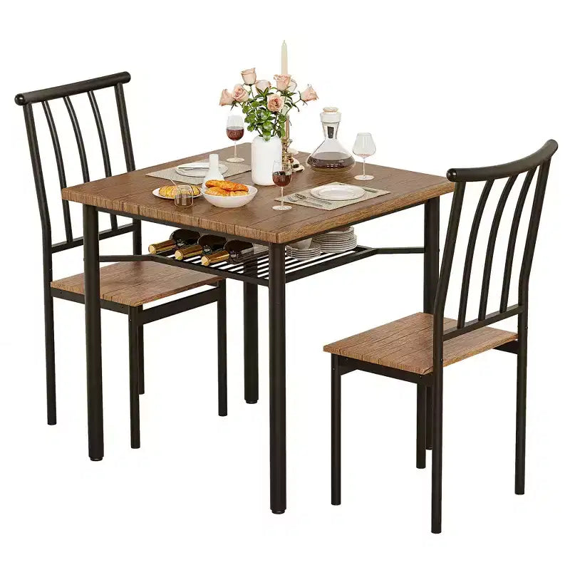 3-piece double dining table set, kitchen dining table and chairs with wine rack for small spaces