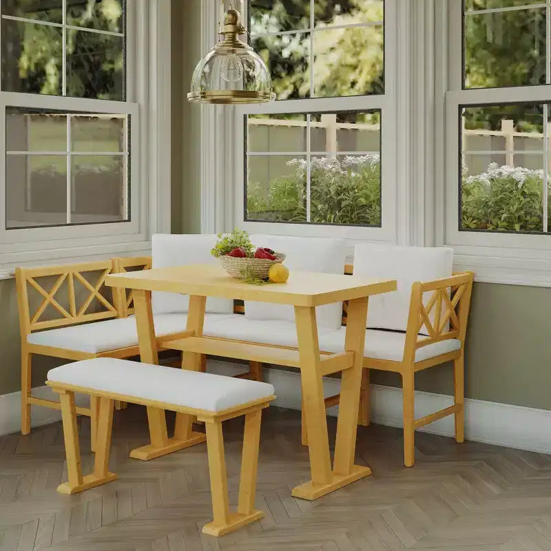 6 Piece Dining Table Set for 6, Farmhouse Dining Set, Space Saving Kitchen Nook Dining Room Breakfast Nook Table Set, Natural+White - ModernLuxe