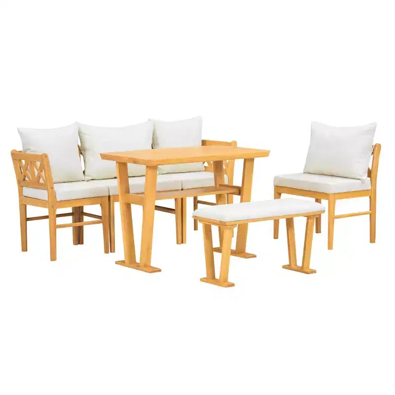 Ensemble de salle à manger 6 pièces pour 6 personnes, ensemble de salle à manger de style ferme, ensemble de table de coin repas peu encombrant pour cuisine et salle à manger, naturel + blanc - ModernLuxe