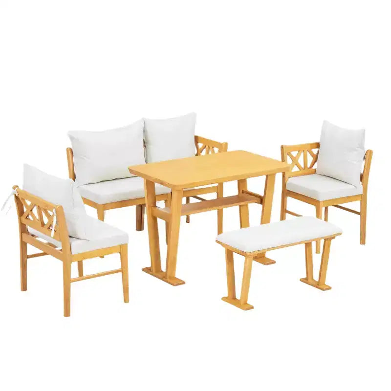 Ensemble de salle à manger 6 pièces pour 6 personnes, ensemble de salle à manger de style ferme, ensemble de table de coin repas peu encombrant pour cuisine et salle à manger, naturel + blanc - ModernLuxe