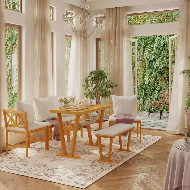 Ensemble de salle à manger 6 pièces pour 6 personnes, ensemble de salle à manger de style ferme, ensemble de table de coin repas peu encombrant pour cuisine et salle à manger, naturel + blanc - ModernLuxe