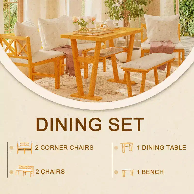 Ensemble de salle à manger 6 pièces pour 6 personnes, ensemble de salle à manger de style ferme, ensemble de table de coin repas peu encombrant pour cuisine et salle à manger, naturel + blanc - ModernLuxe