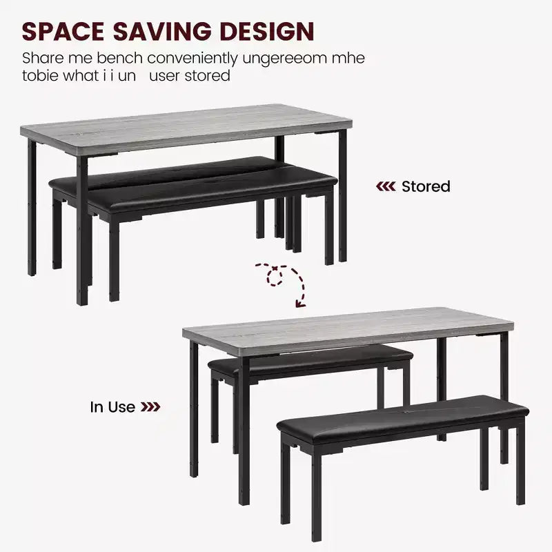Ensemble table de salle à manger de 109 cm pour 4 personnes, ensemble table de cuisine rectangulaire avec 2 bancs rembourrés, mobilier de cuisine et de salle à manger 3 pièces peu encombrant