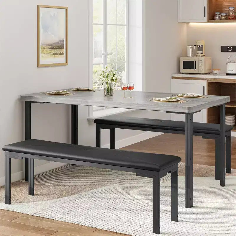 Ensemble table de salle à manger de 109 cm pour 4 personnes, ensemble table de cuisine rectangulaire avec 2 bancs rembourrés, mobilier de cuisine et de salle à manger 3 pièces peu encombrant
