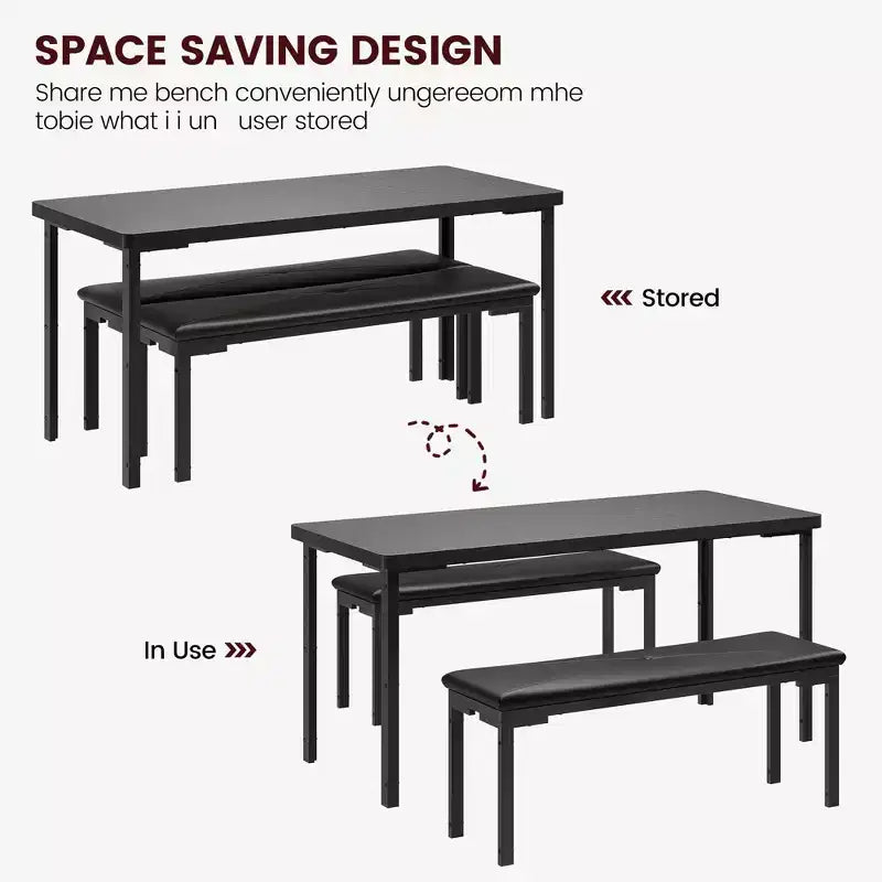 Ensemble table de salle à manger de 109 cm pour 4 personnes, ensemble table de cuisine rectangulaire avec 2 bancs rembourrés, mobilier de cuisine et de salle à manger 3 pièces peu encombrant