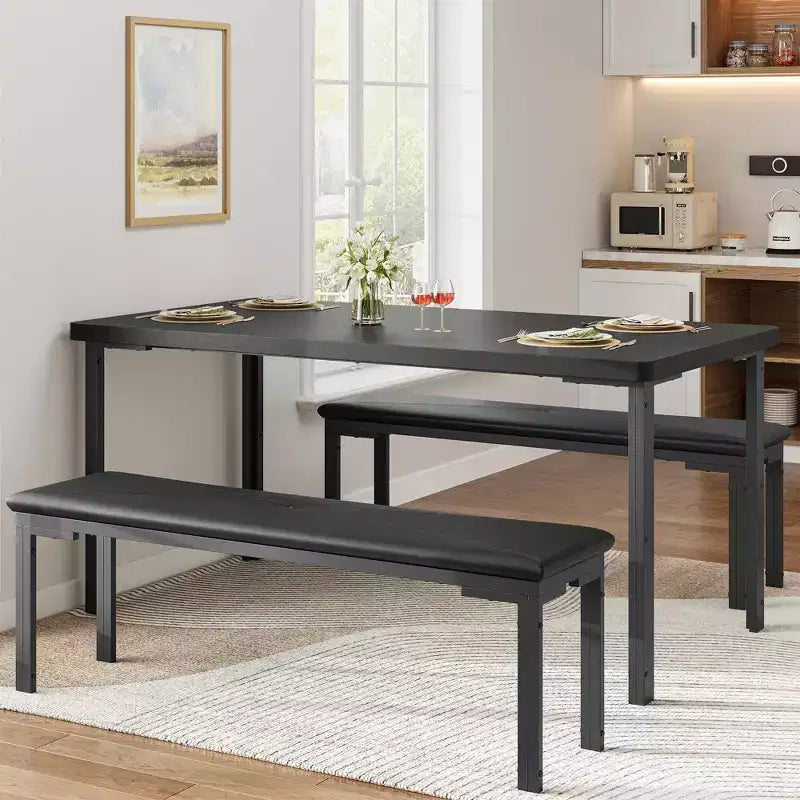 Ensemble table de salle à manger de 109 cm pour 4 personnes, ensemble table de cuisine rectangulaire avec 2 bancs rembourrés, mobilier de cuisine et de salle à manger 3 pièces peu encombrant