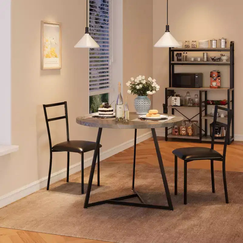 Ensemble de salle à manger rond 3 pièces pour 2 personnes, ensemble de table de cuisine avec 2 chaises rembourrées, cadre en métal et plateau de table imitation bois, mobilier de salle à manger de cuisine