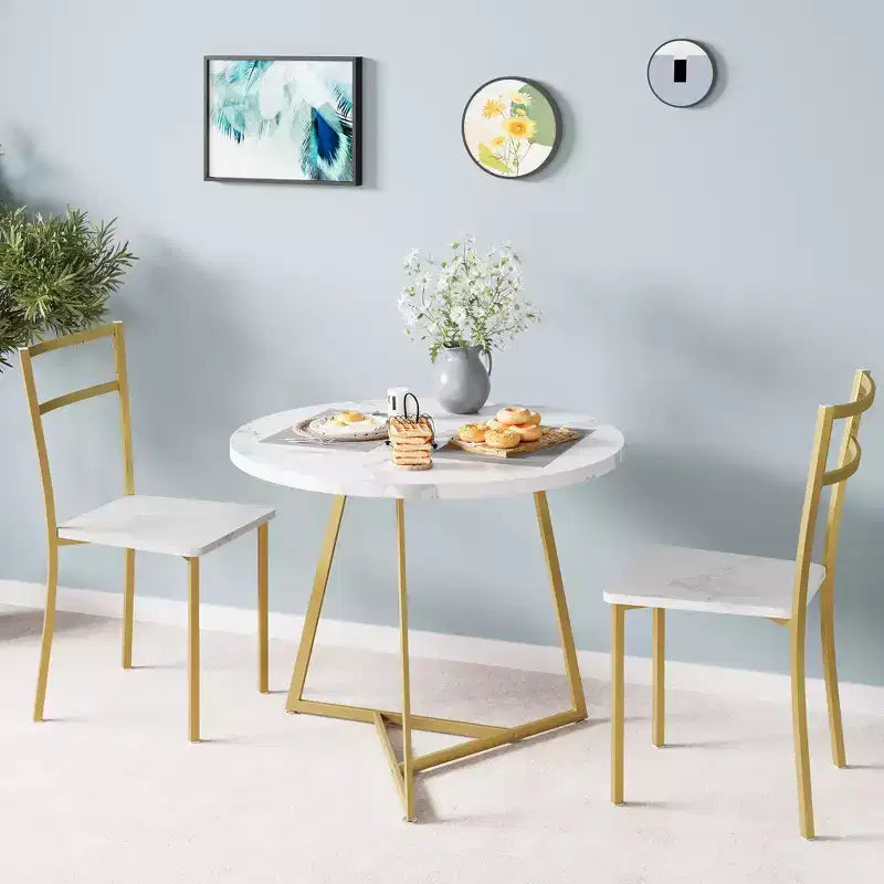 Ensemble de salle à manger rond 3 pièces pour 2 personnes, ensemble de table de cuisine avec 2 chaises rembourrées, cadre en métal et plateau de table imitation bois, mobilier de salle à manger de cuisine