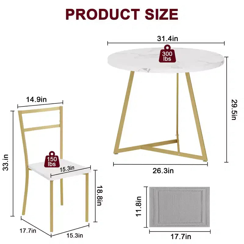 Ensemble de salle à manger rond 3 pièces pour 2 personnes, ensemble de table de cuisine avec 2 chaises rembourrées, cadre en métal et plateau de table imitation bois, mobilier de salle à manger de cuisine