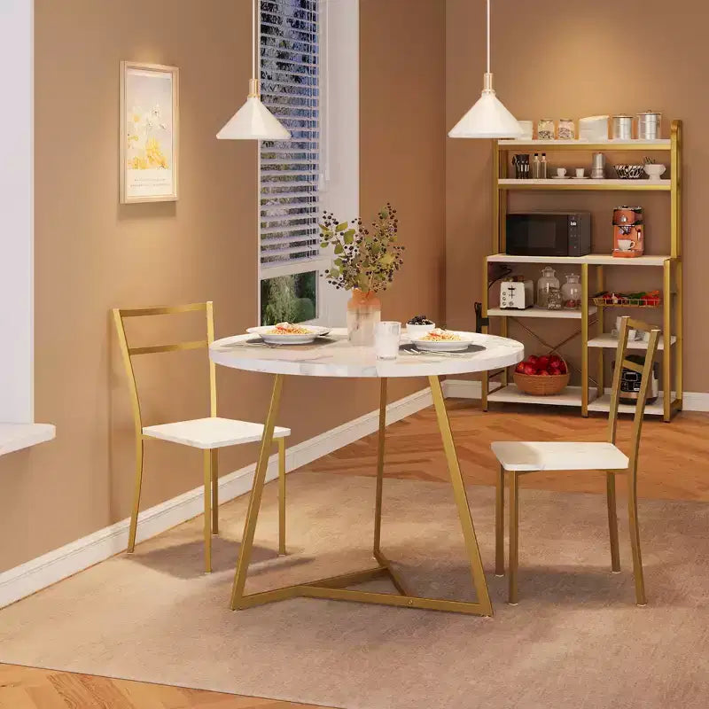 Ensemble de salle à manger rond 3 pièces pour 2 personnes, ensemble de table de cuisine avec 2 chaises rembourrées, cadre en métal et plateau de table imitation bois, mobilier de salle à manger de cuisine