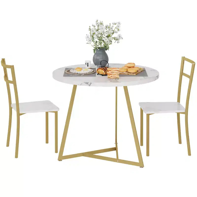 3-Piece Round Dining Set for 2, Kitchen Table Set with 2 Upholstered Chairs, Metal Frame & Wood Grain Tabletop, Kitchen Dining Furniture