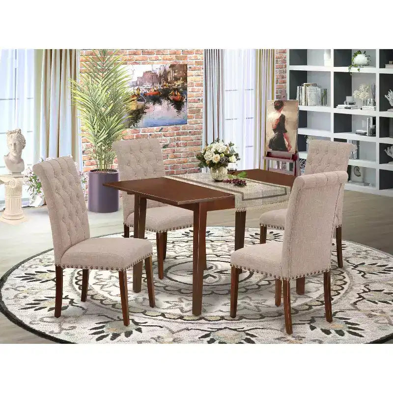 HomeStock Rectangle Dinette Set Linen Chairs Mahogany Finish