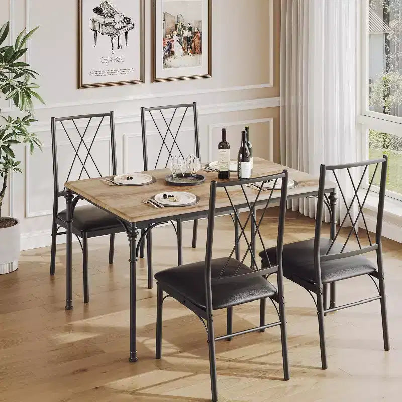 5-Pc Dining Table Set for 4-6 - Kitchen Table with Upholstered Bench, Compact for Small Spaces, Burlywood
