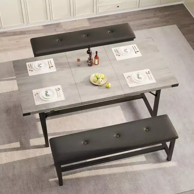 Ensemble de table à manger extensible Garvee pour 4-6 personnes, grande table rectangulaire avec 2 bancs rembourrés, ensemble de table de cuisine extensible pour appartement, petit espace