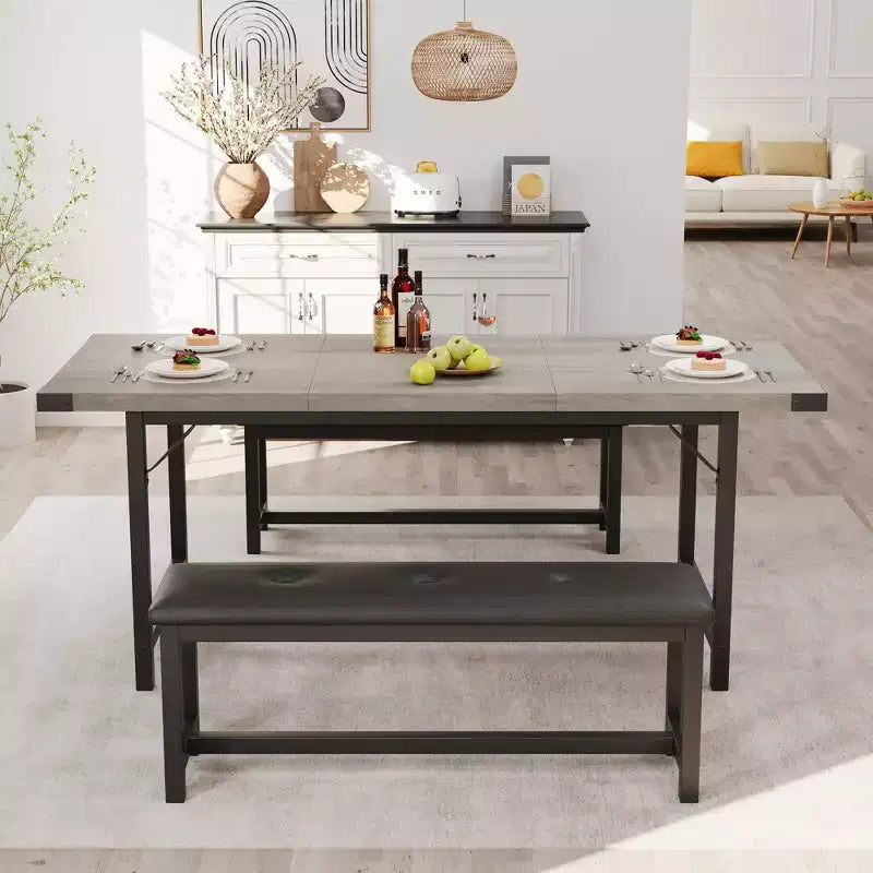 Ensemble de table à manger extensible Garvee pour 4-6 personnes, grande table rectangulaire avec 2 bancs rembourrés, ensemble de table de cuisine extensible pour appartement, petit espace