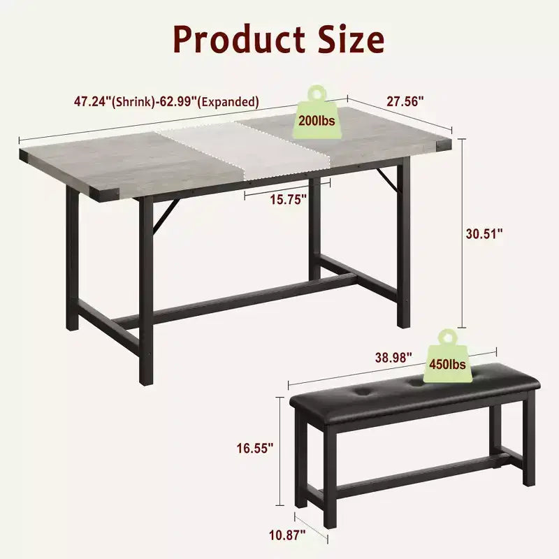 Ensemble de table à manger extensible Garvee pour 4-6 personnes, grande table rectangulaire avec 2 bancs rembourrés, ensemble de table de cuisine extensible pour appartement, petit espace
