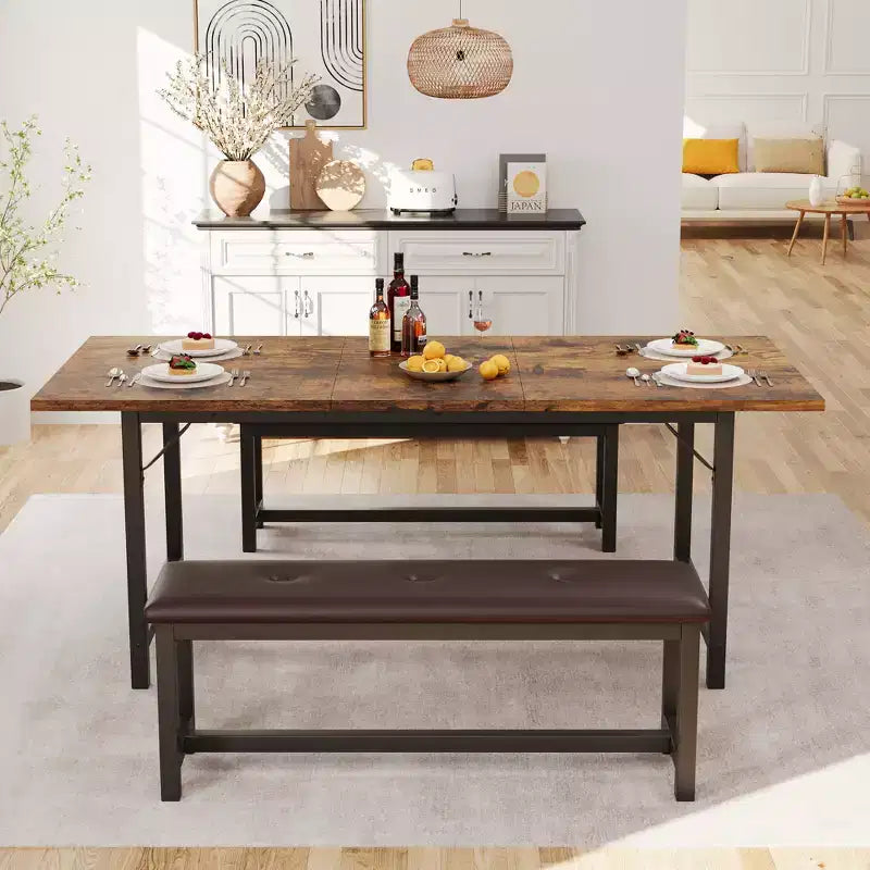 Ensemble de table à manger extensible Garvee pour 4-6 personnes, grande table rectangulaire avec 2 bancs rembourrés, ensemble de table de cuisine extensible pour appartement, petit espace